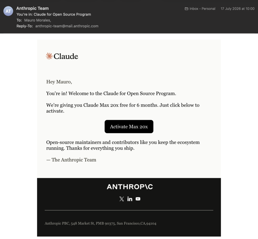 The Claude for Open Source welcome email