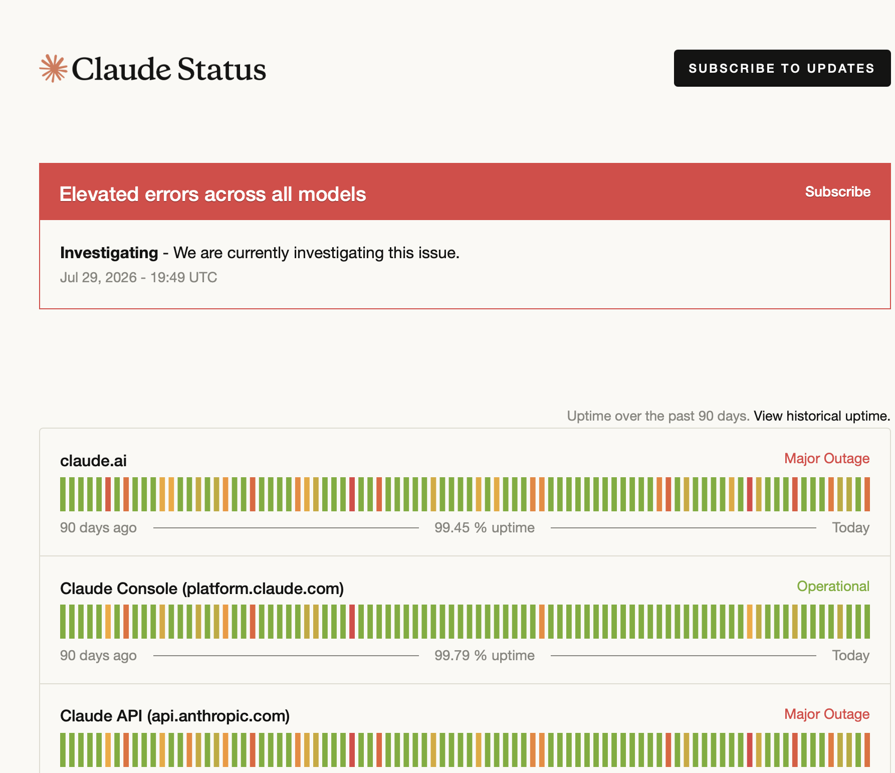The Claude status page showing elevated errors across all models and a major outage