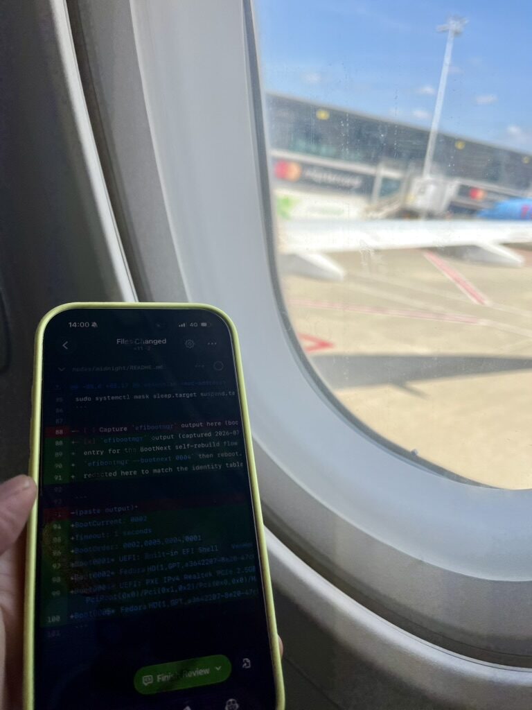 Reviewing a pull request diff on a phone from a plane seat