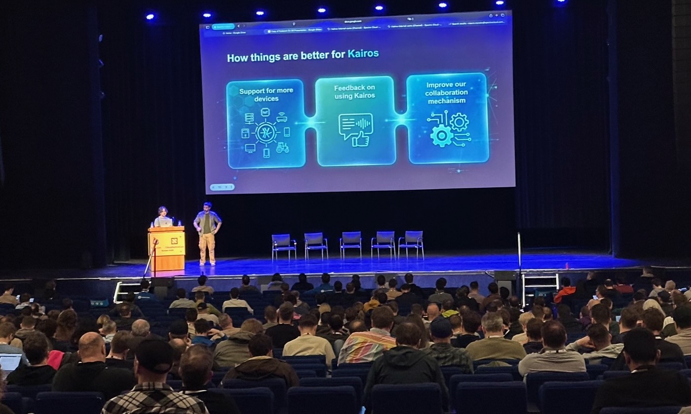 Mauro Morales presenting to a large audience at KubeCon EU 2026 in Amsterdam